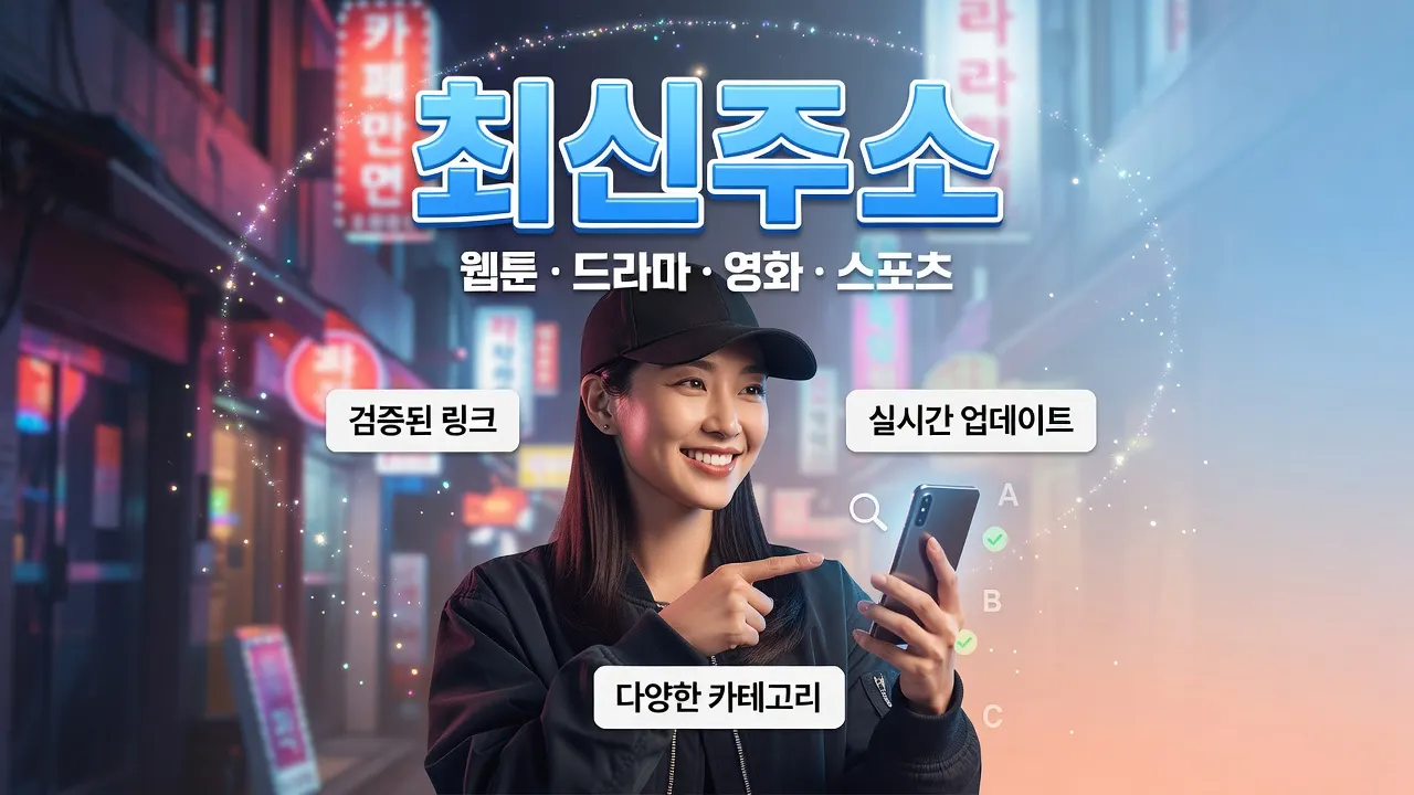 밤 골목에서 스마트폰 주소를 한 글자씩 대조하며 최신주소 철자 경로를 확인하는 30대 한국 여성, 검증된 링크와 실시간 업데이트 정보 카드, 최신주소 웹툰 드라마 영화 스포츠 안내 이미지